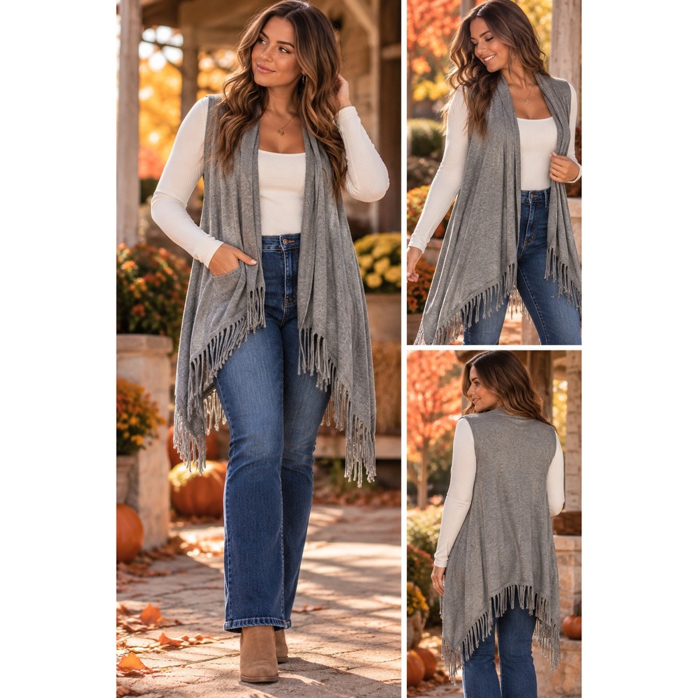 Blue Saks Fifth Avenue Vest Cardigan Small Grey Fringe Draped Open Front #1674